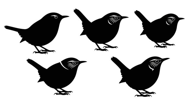Set of five black silhouettes of small birds