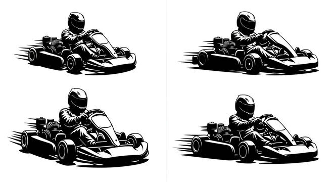 Set of gokart racing illustrations with drivers in helmets, dynamic speed motion effect, black and white vector graphics