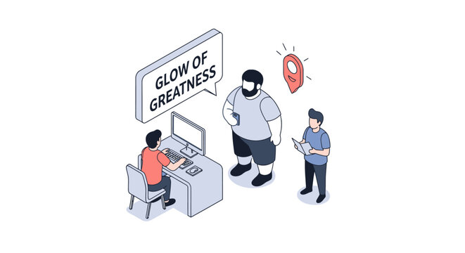 Isometric illustration of people and computer with speech bubble concept.