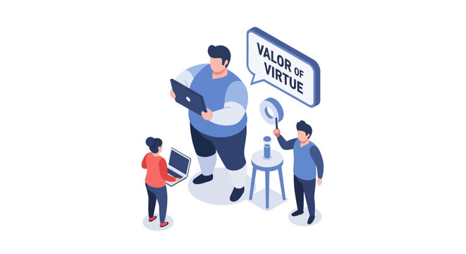 Isometric illustration of people discussing value and virtue with technology.