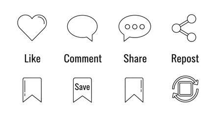 Obraz premium Social media interaction icons set, like, comment, share, repost, save buttons, linear vector illustration