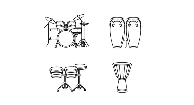 Set of various drums icons, including drum kit, congas, bongos and djembe, musical instruments vector illustration