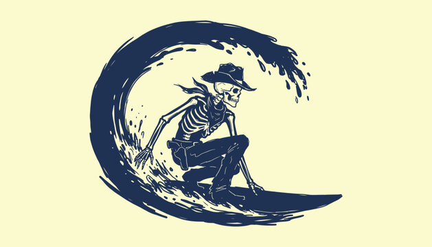 Skeleton cowboy surfing a barrel wave for vintage apparel and lifestyle graphic design