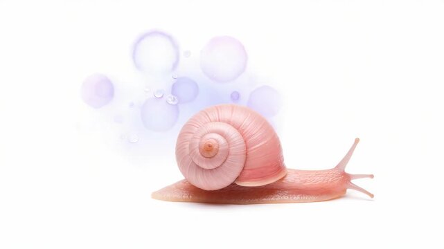 A pink snail crawling on a surface amidst bubbles in the air.