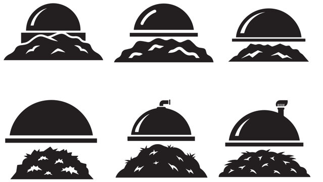 Set Of Silhouette Mining Equipment Icons With Excavated Rocks And Industrial Heavy Machinery