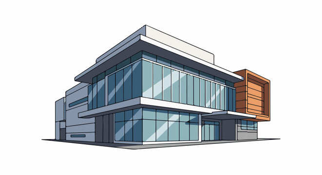 A modern, geometric building with large glass windows and a contrasting orange section