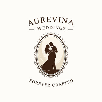 Wedding couple silhouette in oval frame.