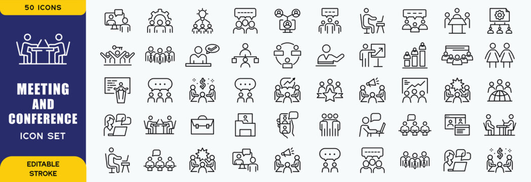 Meeting and conference icon set. collection in flat style. Icon pack contains conference, meeting, seminar, workshop, audience, presentation, networking, discussion, agenda, session
