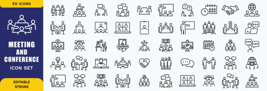 Meeting and conference icon set. Containing seminar, business meeting, presentation, interview, conference, assembly, agreement and discussion icons. Solid icon collection