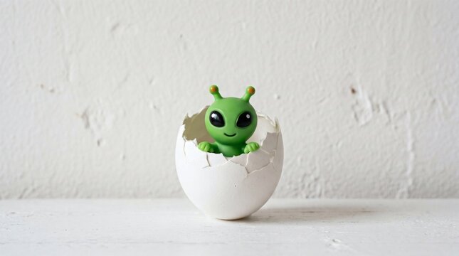 Cute green extraterrestrial creature inside a cracked eggshell on a white surface.
