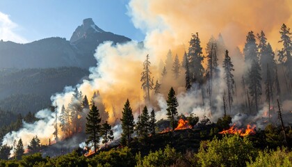 Devastating Wildfire Consumes Forest Landscape with Towering Mountain Backdrop. © Kang