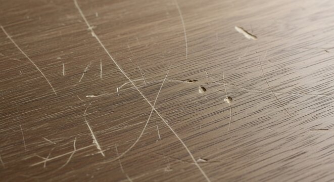 Scratched and damaged brown wooden laminate flooring surface close up.