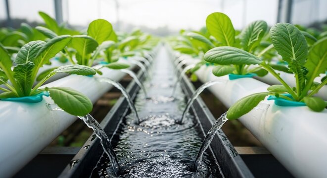 Hydroponic farming system with water flowing through channels and healthy green plants growing in a controlled environment.