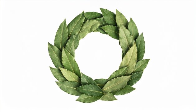 "Green leaf wreath arranged in circular ring shape on plain white background, resembling laurel symbol"