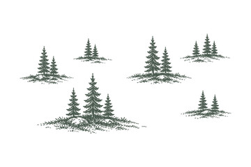 Obraz premium Collection of Small Pine Tree Clusters and Isolated Evergreens, Hand Drawn Engraving Style Vector Illustration, Forest Asset Set for Landscape Design.