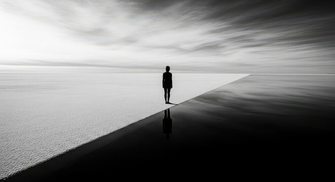 Silhouette of a person standing at the edge of a vast, reflective surface in black and white image photo