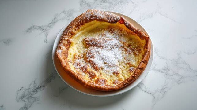 Freshly baked dutch baby pancake dusted with powdered sugar on a marble table.