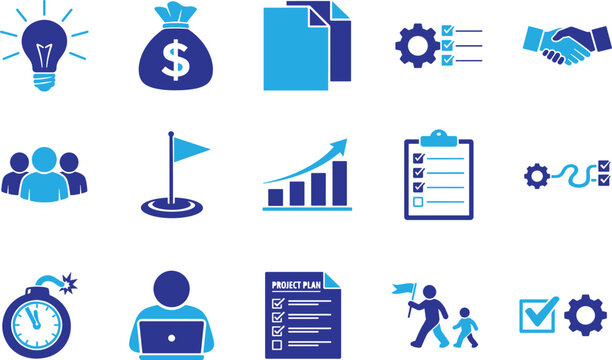 Project management icon set with planning workflow teamwork strategy business productivity tools 