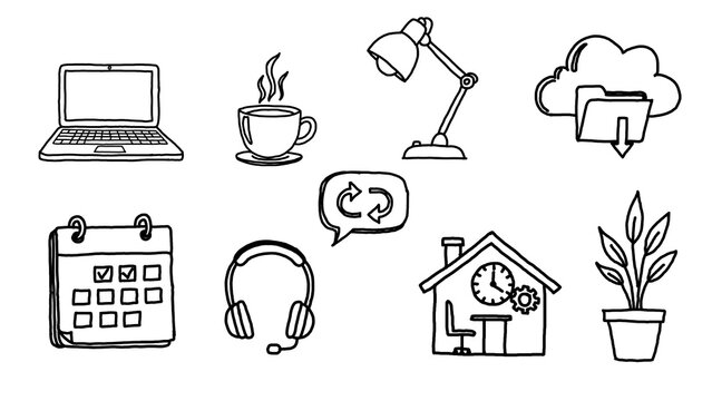 Hand drawn doodle icons of remote work concepts of laptop coffee cup desk lamp cloud download calendar headphone sync chat home setup work space and plant in pot with alpha transparent background