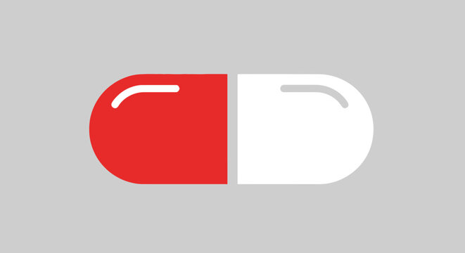 Medical capsule illustration of a red and white pill on a light gray background