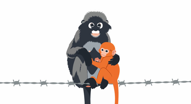 A mother monkey hugs her baby on a barbed wire