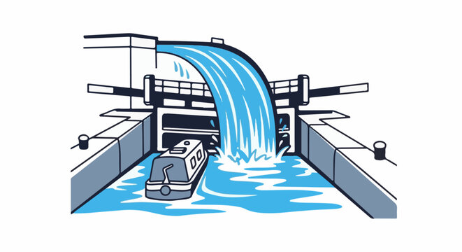 A narrowboat navigates a canal lock as water cascades down