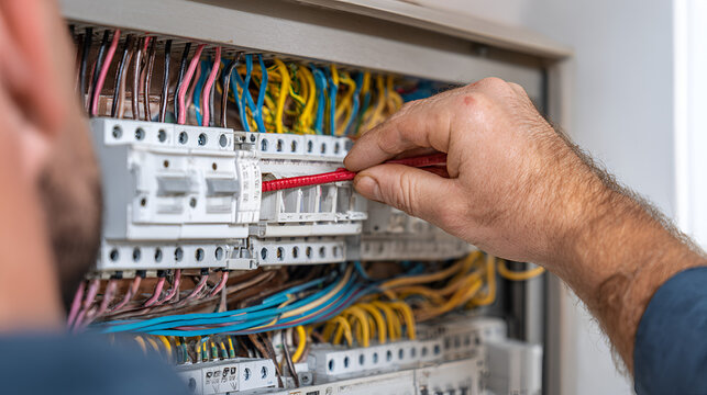 Electrician's skilled hands install wires inside distribution board, ensuring reliable and safe electrical connection in new home.