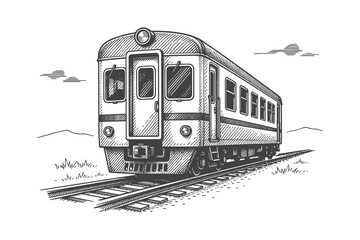 Modern Train Locomotive Moving on Tracks, Hand Drawn Sketch Style Vector Illustration, Public Transportation and Commuter Concept Graphic Asset. © Chairul