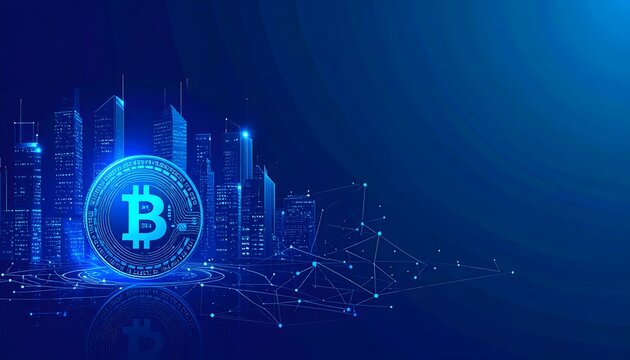 Digital Bitcoin Coin with Smart Network Overlay on City Skyline Representing Real World Asset Tokenization and Blockchain Finance