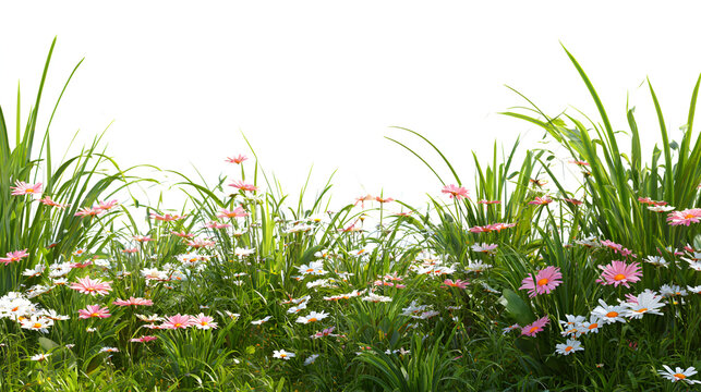 Evergreen flowers and grass field in nature, Flowres on garden in springtime, Tropical forest isolated on white background background - file, 3D rendering illustration for create and design