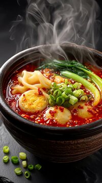 Authentic Indonesian Seblak - Spicy Red Kerupuk Soup with Assorted Toppings and Intense Chili Broth Static Shot