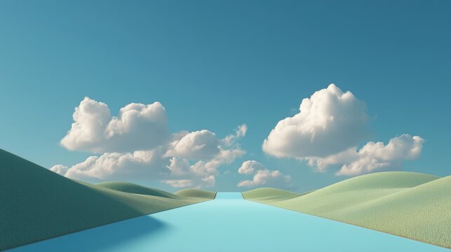 Light blue surreal road rolling through green hills under sky.