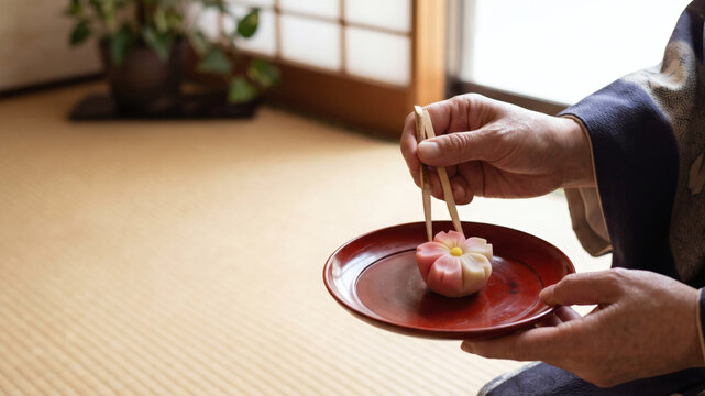 和菓子を食べる人の手元のアップ。日本の茶道と伝統文化とおもてなしのイメージ
