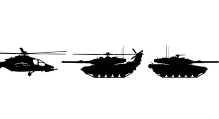 Silhouettes of military vehicles including an attack helicopter and two battle tanks © Stock_Crafters