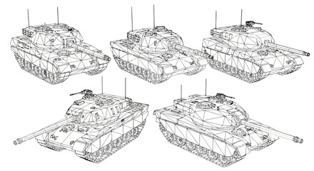 Set of five 3d wireframe models of a modern main battle tank shown from various isometric angles, technical polygonal mesh illustration of a military armored vehicle © Stock_Crafters