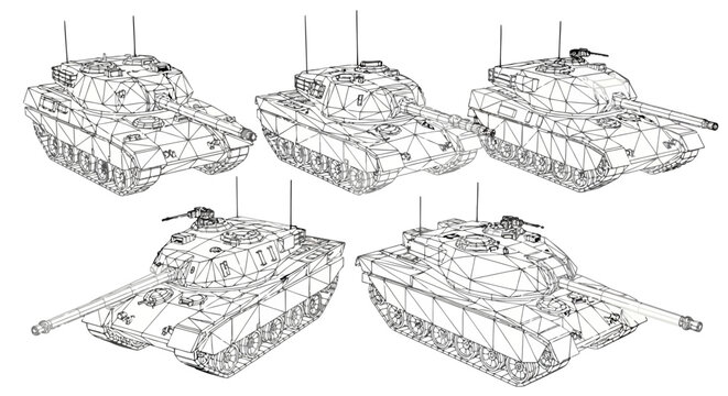 Set of five 3d wireframe models of a modern main battle tank shown from various isometric angles, technical polygonal mesh illustration of a military armored vehicle