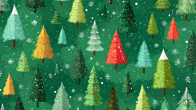 Green Christmas background with snowflakes and christmas trees,seamless pattern of christmas trees and snowflakes on green background,Christmas wrapping paper, Xmas pattern with ornaments. Stock