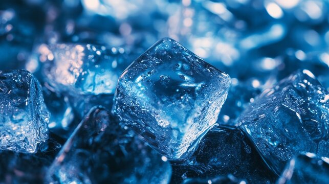 Extreme macro close up of ice cubes with water droplets and frozen crystalline texture cool blue tones and sharp clarity refreshing concept of cold temperature purity and beverage cooling background