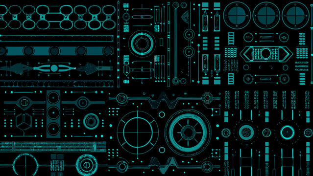 cyan hud interface elements collection a large arrangement of futuristic technological icons and controls on black high quality