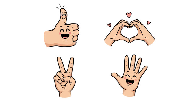 Set of cute cartoon hands showing different gestures, thumbs up, heart shape, peace sign and open palm, vector illustration