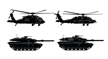Set of military vehicles silhouettes, helicopters and tanks © Stock_Crafters