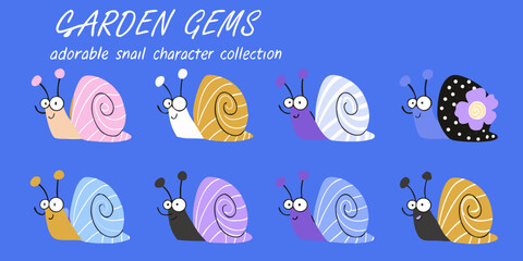 Colorful snail character collection whimsical vector illustration © Zafor