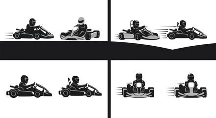 Set of gokart racing icons, vector illustration of racing karts with drivers, side and front view, speed and competition concept, flat design elements for sports graphics © Stock_Crafters