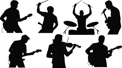 Collection of musician silhouettes performing with guitars, drums, violin, and singing for music, concert, and entertainment concepts © anisur-creatives