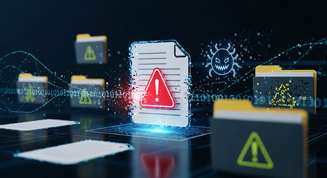 Cybersecurity data breach concept featuring digital document and folder icons with red warning alert notification indicating critical system error malware attack and network security hack