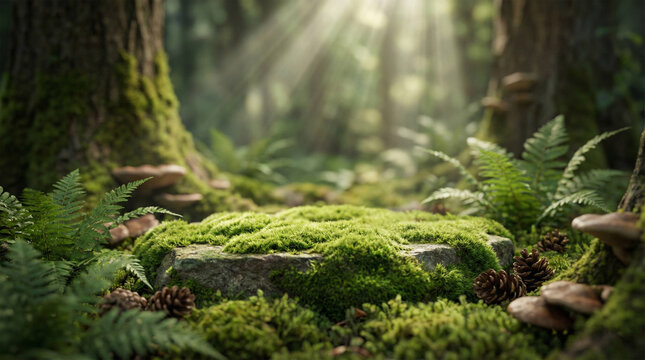 Mossy rock podium on forest floor with sunlight rays.