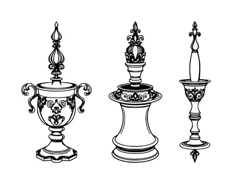 Candle snuffer set with black line art on white background featuring ornate brass, candle snuffer, silhouette design with intricate detail and bright metal finish