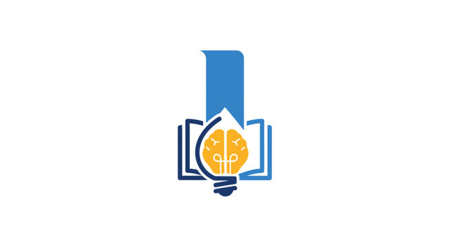 Innovative educational symbol design combining book, brain, and lightbulb for knowledge.