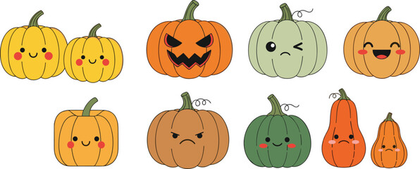 Naklejka premium Cute Kawaii Pumpkin Character Set with Happy, Scary, Angry, and Winking Faces for Halloween, Autumn, and Seasonal Themed Designs