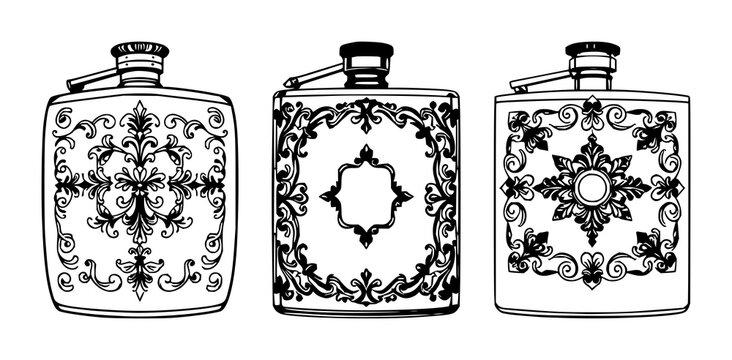 Silvery pocket flask set with black line art illustration on white background, ornate filigree designs featuring black line art, silver metallic, ornate filigree with classic and drinkware